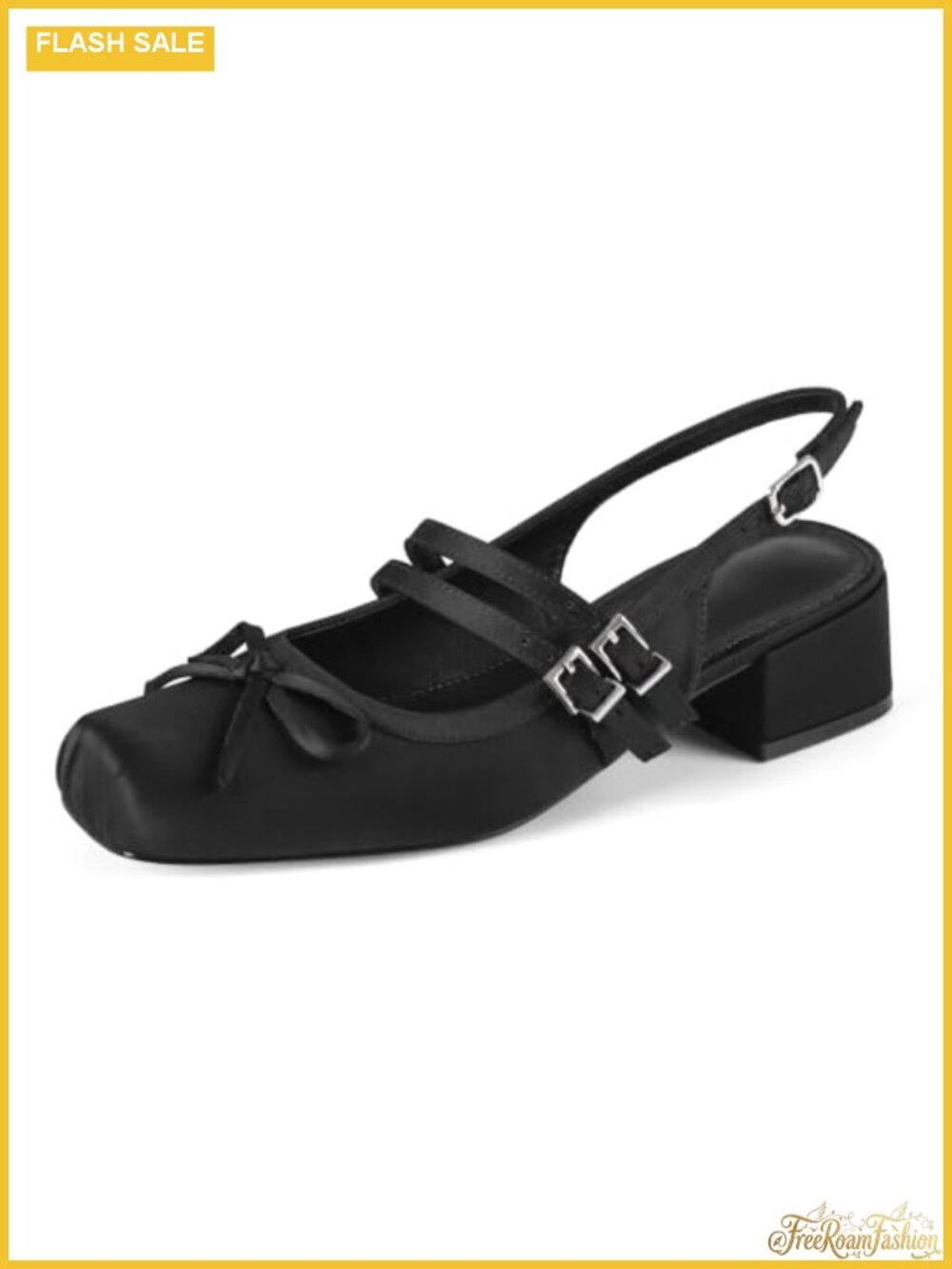 Satin Slingback Ballet Flats Square Toe Low Block Heel Mary Jane Pumps